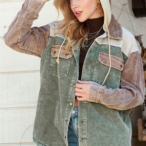 Buckle Gilded Intent Women Multi Washed Colorblock Hooded Snap Corduroy Jacket L